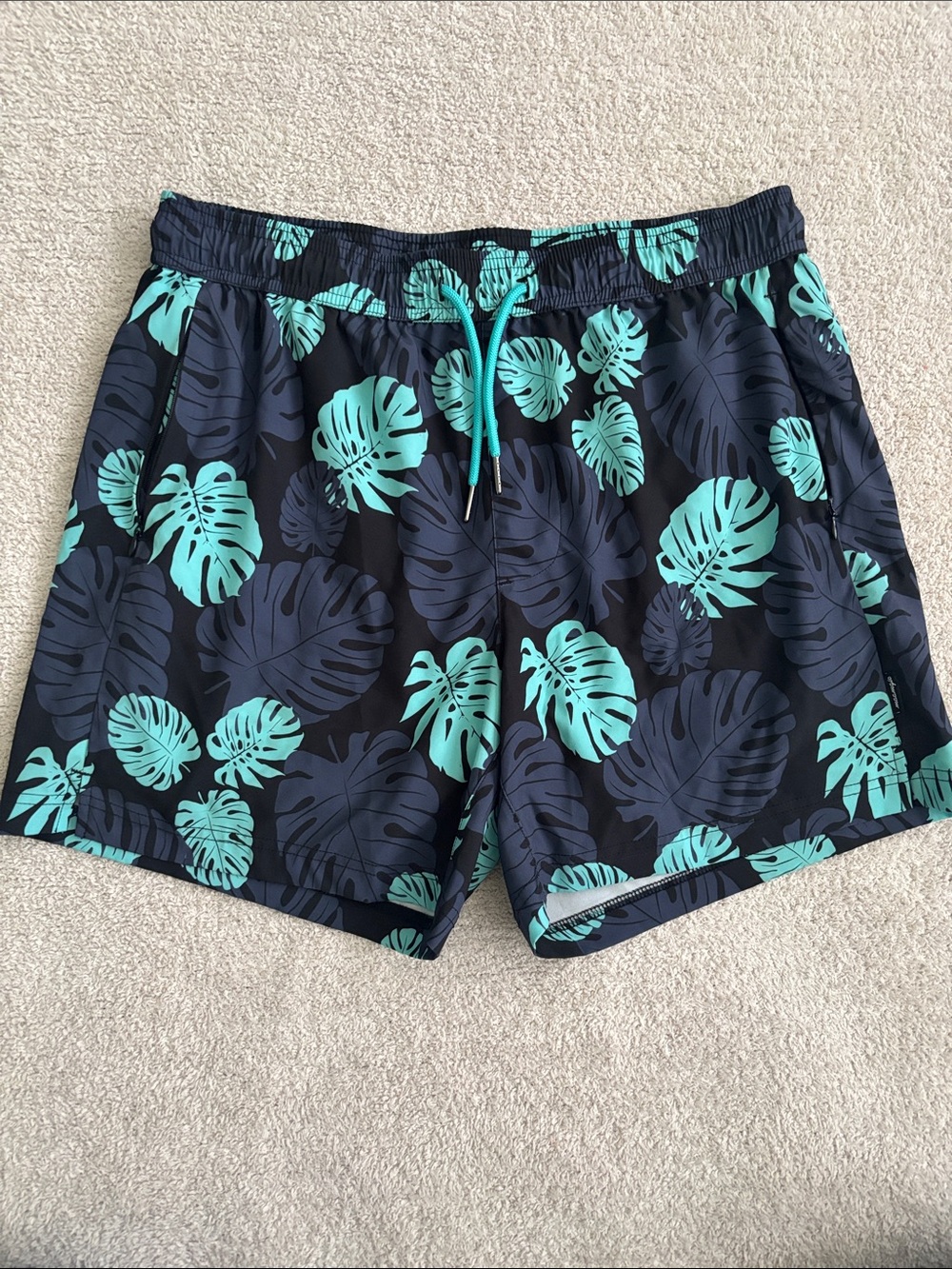 Men's Tropical Leaf Swim Trunks - Navy & Teal with compression liner.